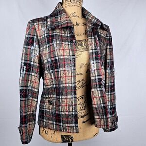 Andre Oliver Plaid‎ Blazer Jacket Women's Size 8 Silver Accent
